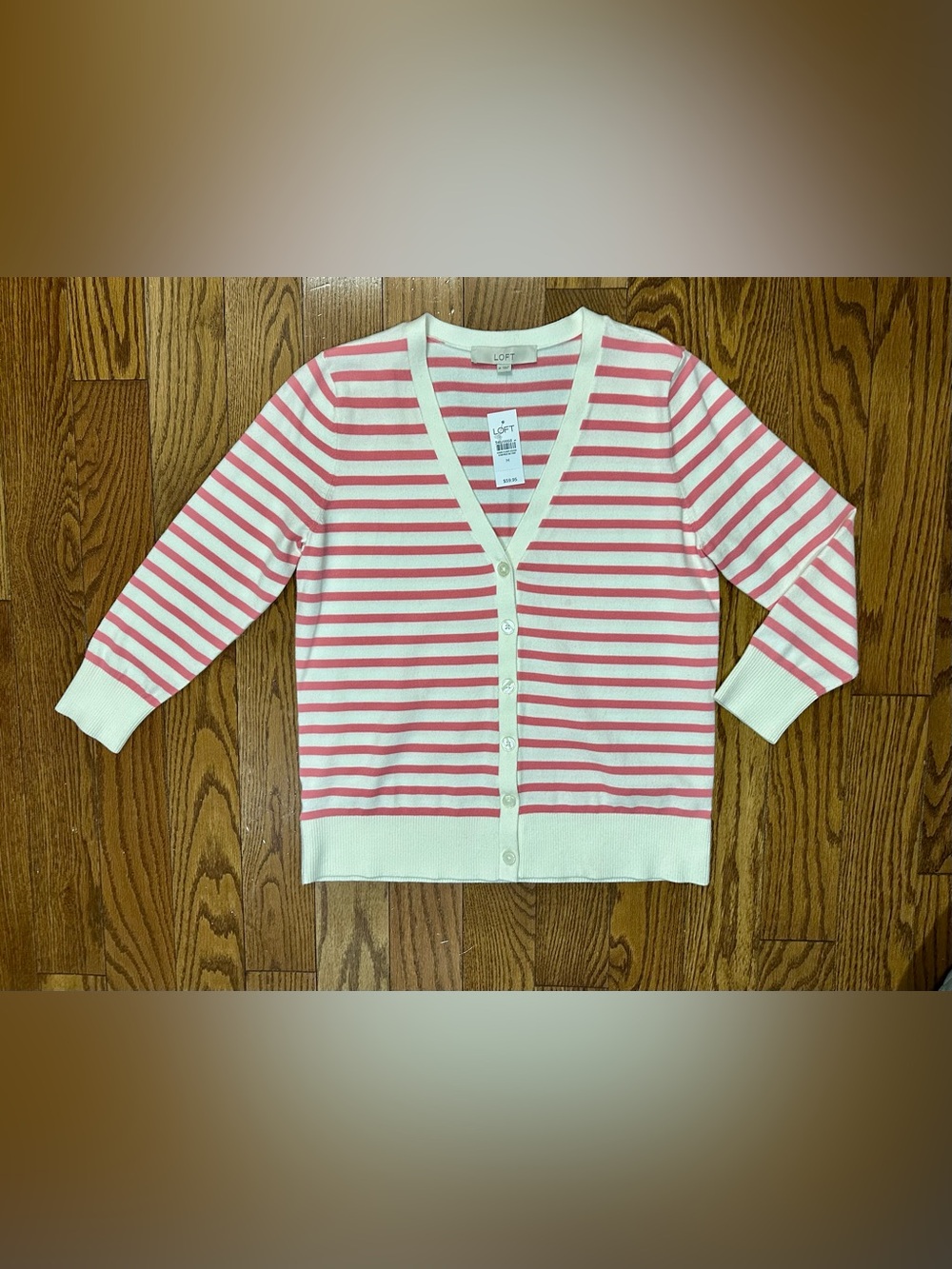 LOFT Pink & White Striped V-Neck Button Cardigan